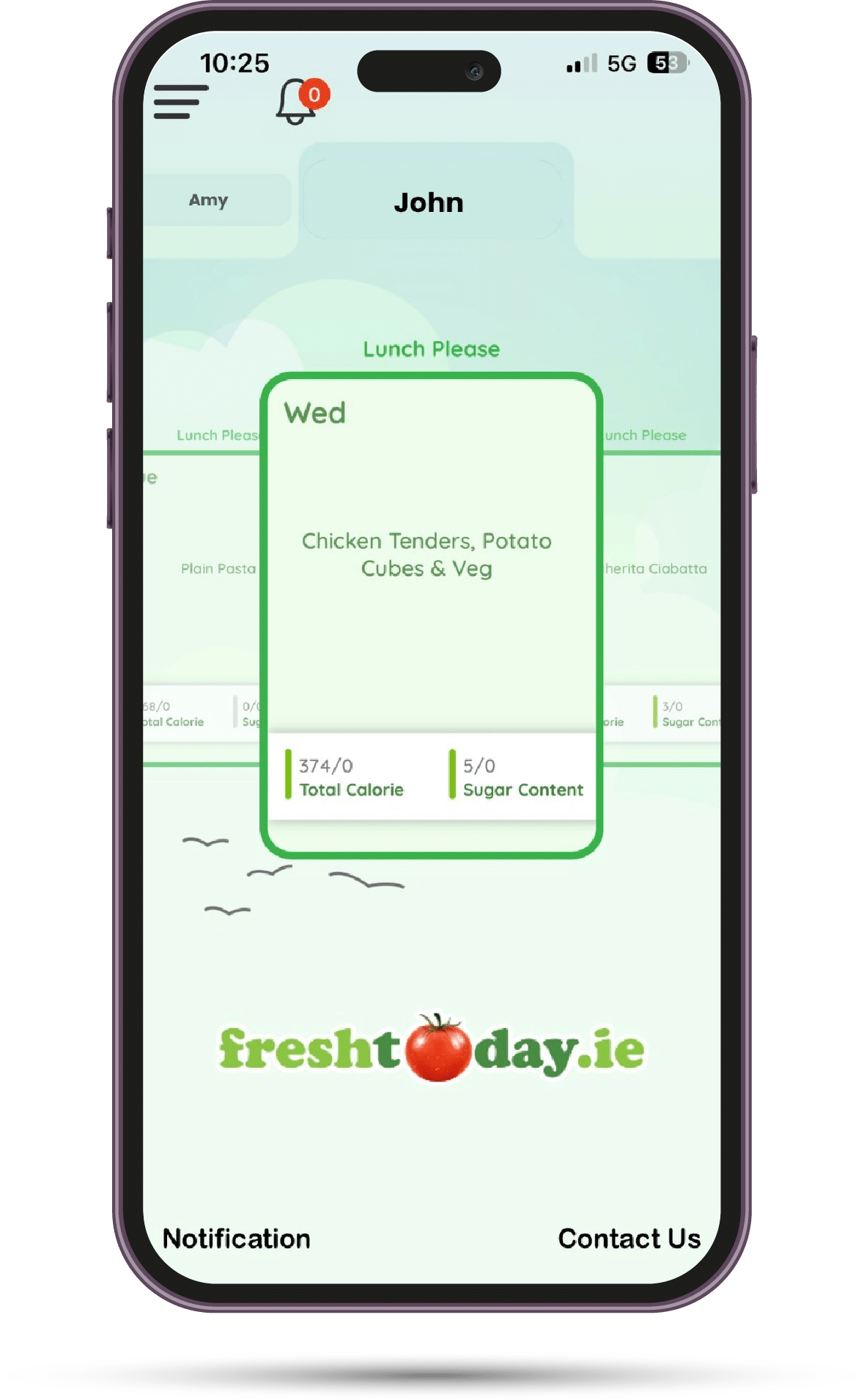 Freshtoday Donegal school meals app screen showing a child's weekly lunch order and wallet balance