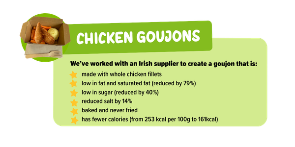 Freshtoday Donegal reformulated chicken goujon school meal — 100% chicken breast, low fat, baked and EFSA compliant