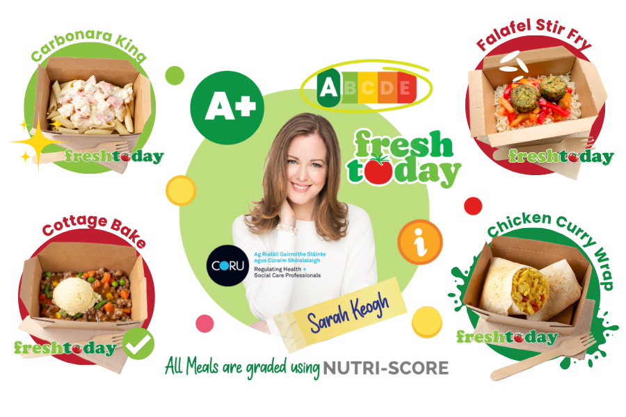 CORU-registered dietitian Sarah Keogh endorsing Freshtoday Donegal school meals graded A+ using the Nutri-Score system